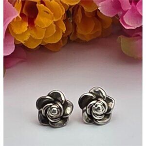 Sterling Silver Rose Flower Stud Earrings 925 Vintage 17mm Floral